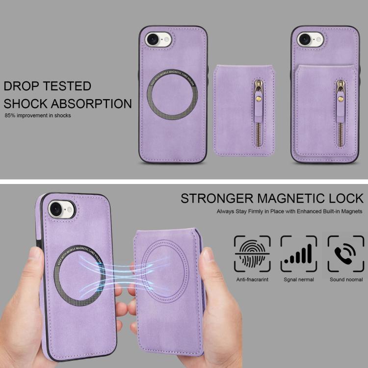 For iPhone 17e / 16e Zipper Wallet Split MagSafe Leather Back Phone Case