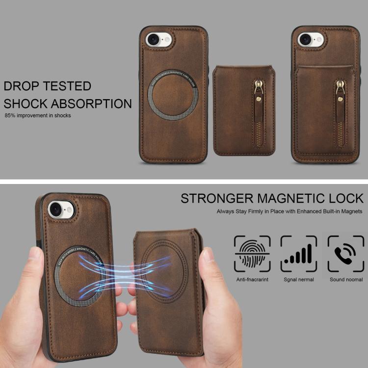 For iPhone 17e / 16e Zipper Wallet Split MagSafe Leather Back Phone Case