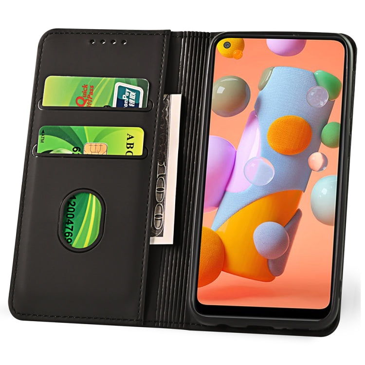 For Samsung Galaxy A11 Strong Magnetism Liquid Feel Horizontal Flip Leather Case with Holder & Card Slots & Wallet