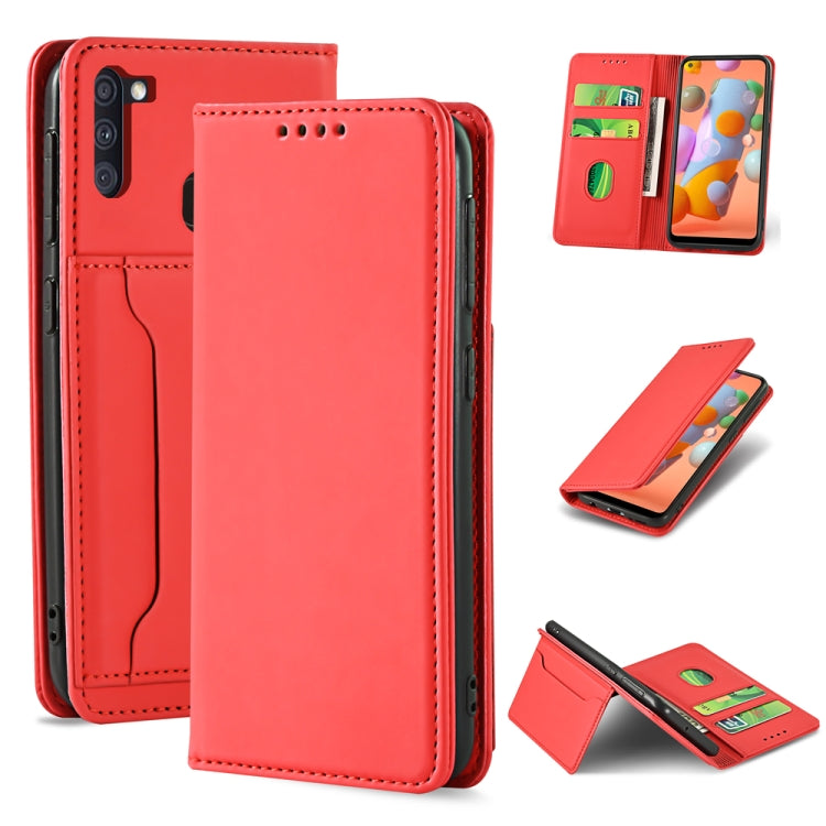 For Samsung Galaxy A11 Strong Magnetism Liquid Feel Horizontal Flip Leather Case with Holder & Card Slots & Wallet