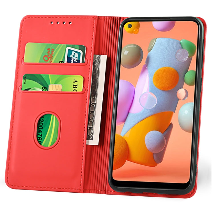 For Samsung Galaxy A11 Strong Magnetism Liquid Feel Horizontal Flip Leather Case with Holder & Card Slots & Wallet