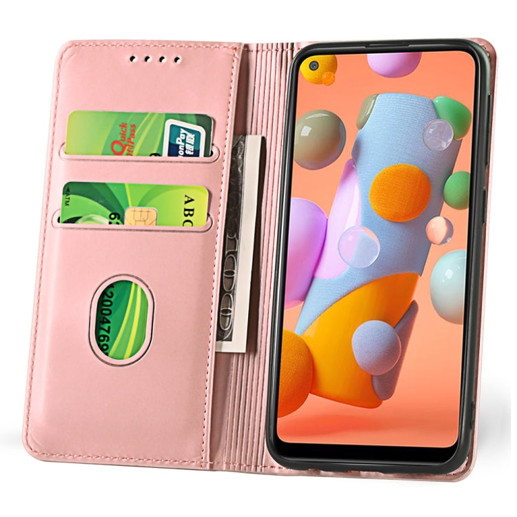 For Samsung Galaxy A11 Strong Magnetism Liquid Feel Horizontal Flip Leather Case with Holder & Card Slots & Wallet