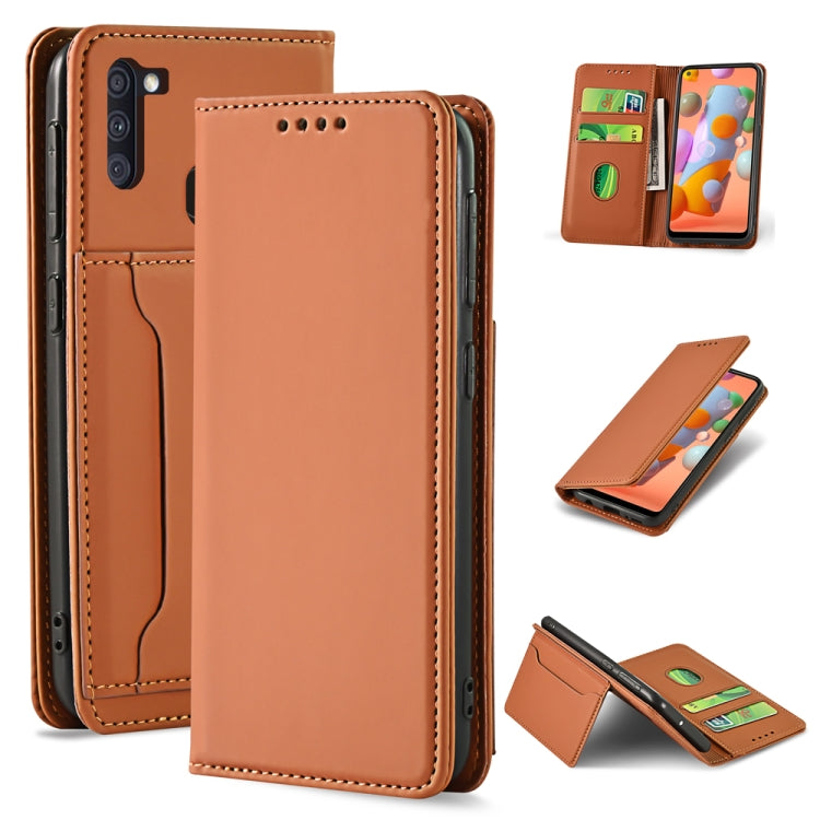 For Samsung Galaxy A11 Strong Magnetism Liquid Feel Horizontal Flip Leather Case with Holder & Card Slots & Wallet