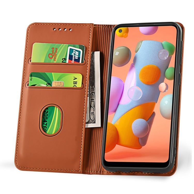 For Samsung Galaxy A11 Strong Magnetism Liquid Feel Horizontal Flip Leather Case with Holder & Card Slots & Wallet