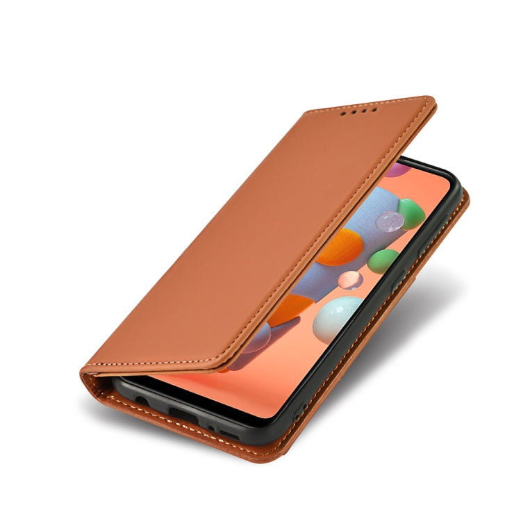 For Samsung Galaxy A11 Strong Magnetism Liquid Feel Horizontal Flip Leather Case with Holder & Card Slots & Wallet