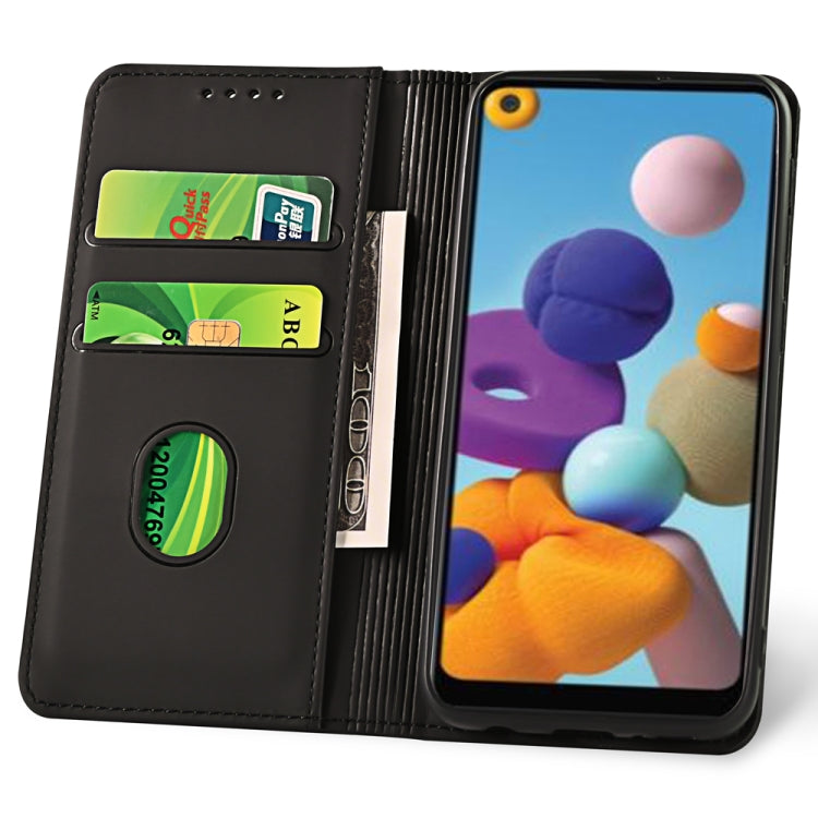 For Samsung Galaxy A21 Strong Magnetism Liquid Feel Horizontal Flip Leather Case with Holder & Card Slots & Wallet