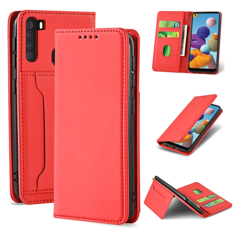 For Samsung Galaxy A21 Strong Magnetism Liquid Feel Horizontal Flip Leather Case with Holder & Card Slots & Wallet