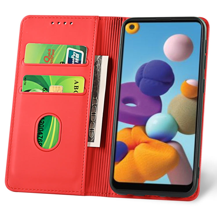 For Samsung Galaxy A21 Strong Magnetism Liquid Feel Horizontal Flip Leather Case with Holder & Card Slots & Wallet