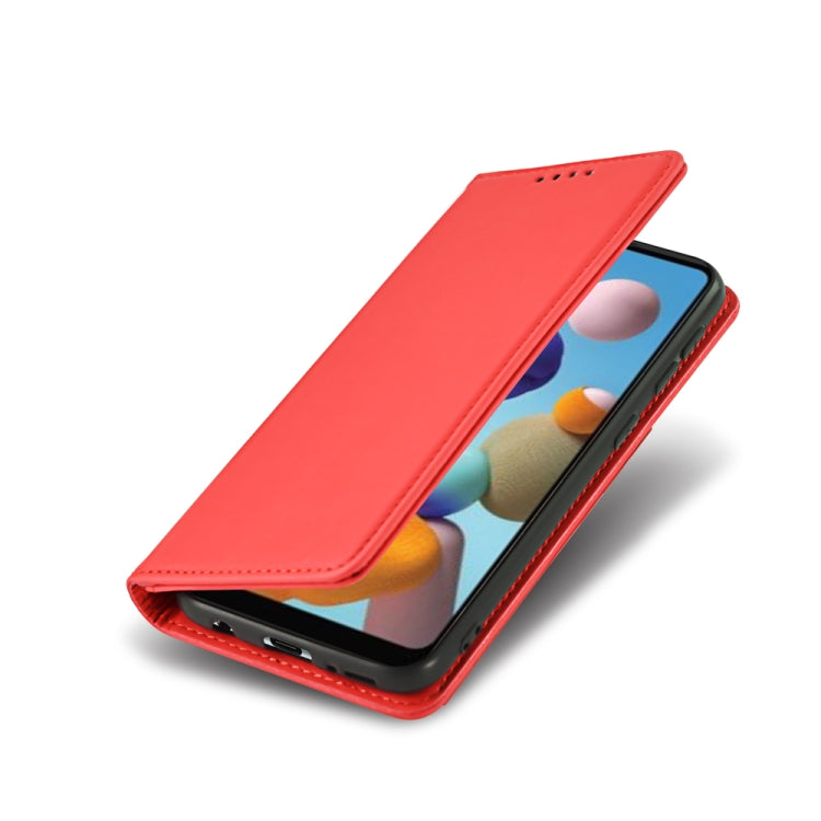 For Samsung Galaxy A21 Strong Magnetism Liquid Feel Horizontal Flip Leather Case with Holder & Card Slots & Wallet