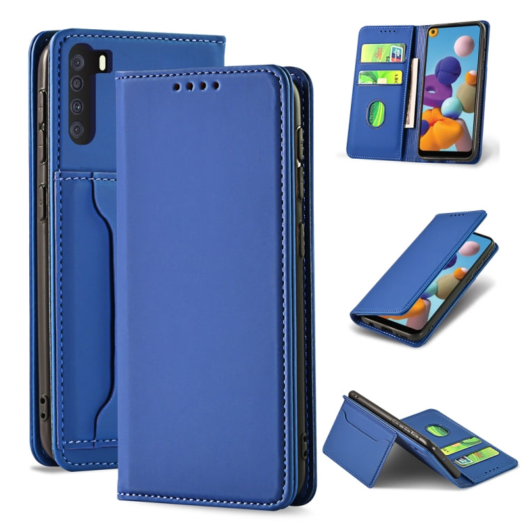 For Samsung Galaxy A21 Strong Magnetism Liquid Feel Horizontal Flip Leather Case with Holder & Card Slots & Wallet