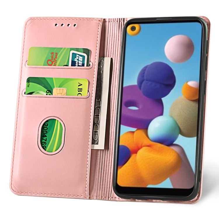 For Samsung Galaxy A21 Strong Magnetism Liquid Feel Horizontal Flip Leather Case with Holder & Card Slots & Wallet