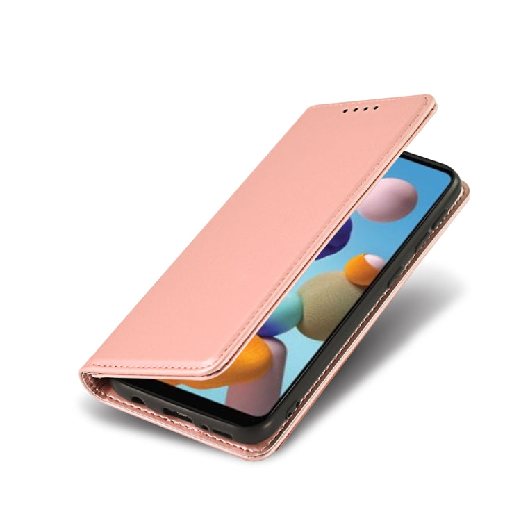 For Samsung Galaxy A21 Strong Magnetism Liquid Feel Horizontal Flip Leather Case with Holder & Card Slots & Wallet