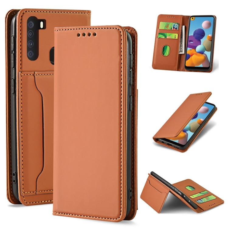 For Samsung Galaxy A21 Strong Magnetism Liquid Feel Horizontal Flip Leather Case with Holder & Card Slots & Wallet
