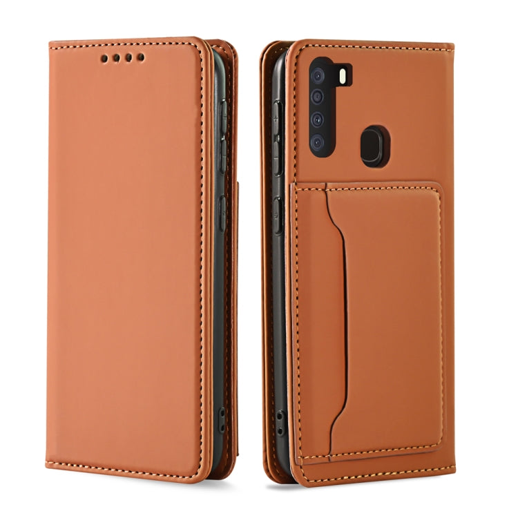 For Samsung Galaxy A21 Strong Magnetism Liquid Feel Horizontal Flip Leather Case with Holder & Card Slots & Wallet