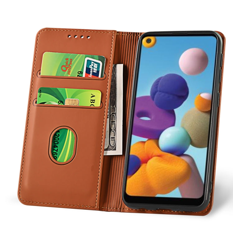 For Samsung Galaxy A21 Strong Magnetism Liquid Feel Horizontal Flip Leather Case with Holder & Card Slots & Wallet