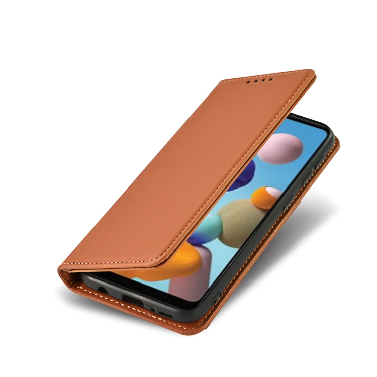For Samsung Galaxy A21 Strong Magnetism Liquid Feel Horizontal Flip Leather Case with Holder & Card Slots & Wallet