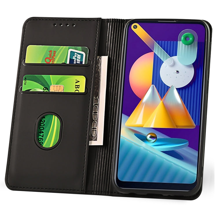 For Samsung Galaxy M11 Strong Magnetism Liquid Feel Horizontal Flip Leather Case with Holder & Card Slots & Wallet
