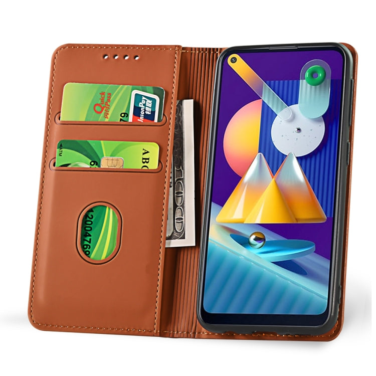 For Samsung Galaxy M11 Strong Magnetism Liquid Feel Horizontal Flip Leather Case with Holder & Card Slots & Wallet