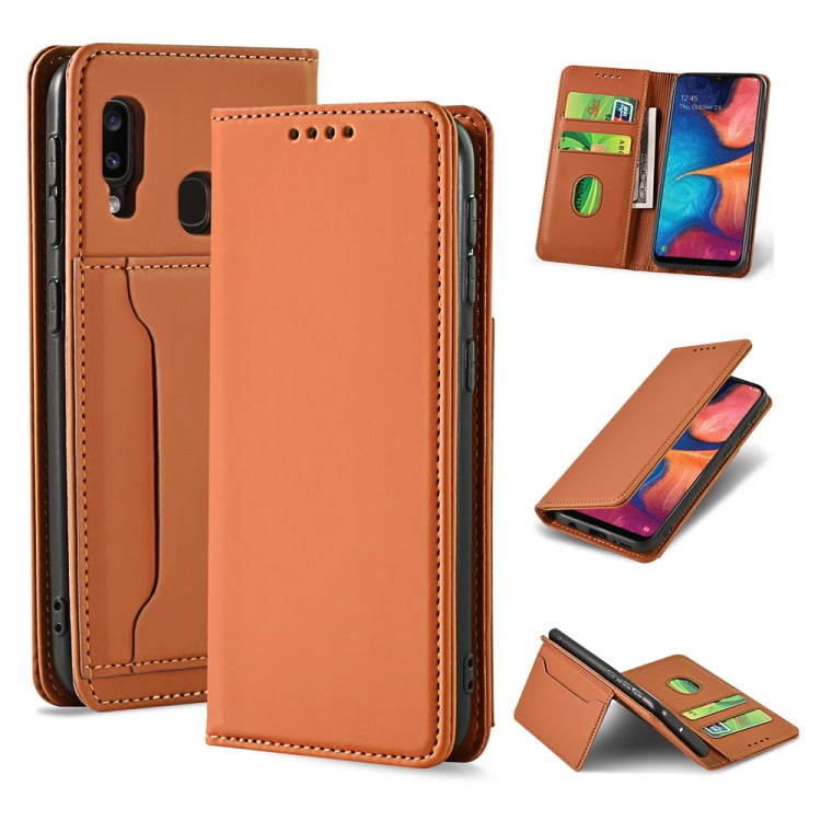 For Samsung Galaxy A20e Strong Magnetism Liquid Feel Horizontal Flip Leather Case with Holder & Card Slots & Wallet