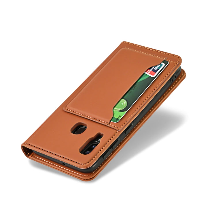For Samsung Galaxy A30 Strong Magnetism Liquid Feel Horizontal Flip Leather Case with Holder & Card Slots & Wallet