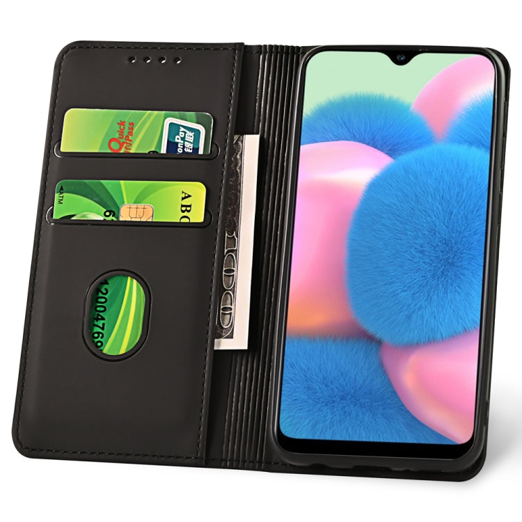 For Samsung Galaxy A30s Strong Magnetism Liquid Feel Horizontal Flip Leather Case with Holder & Card Slots & Wallet