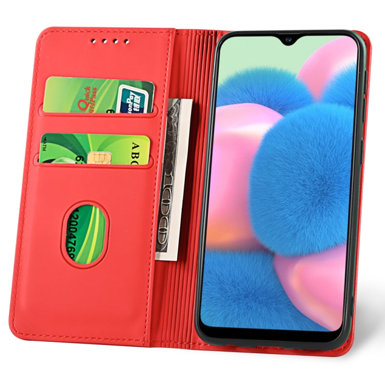 For Samsung Galaxy A30s Strong Magnetism Liquid Feel Horizontal Flip Leather Case with Holder & Card Slots & Wallet