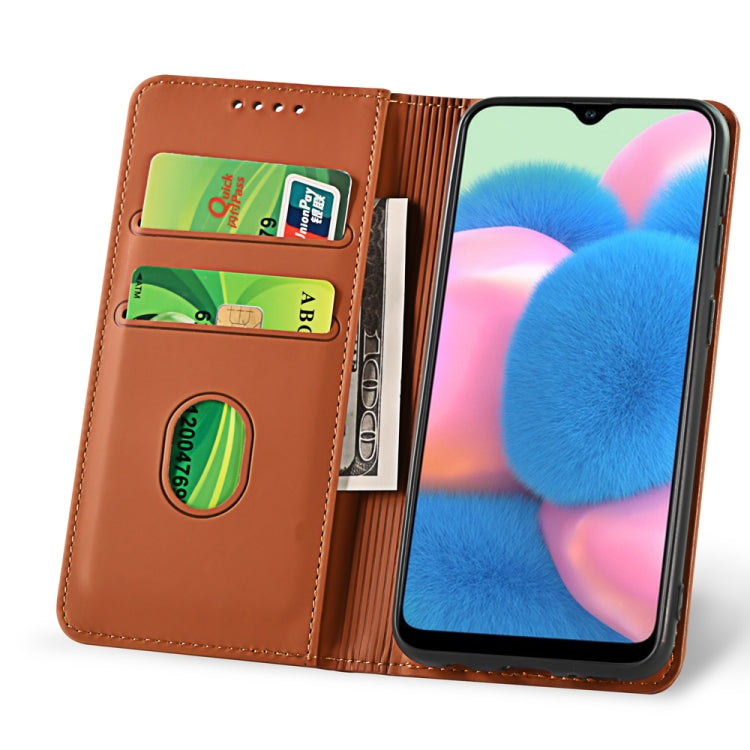 For Samsung Galaxy A30s Strong Magnetism Liquid Feel Horizontal Flip Leather Case with Holder & Card Slots & Wallet