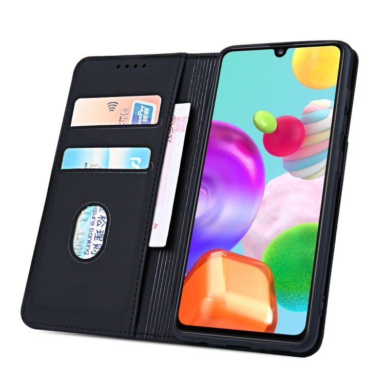 For Samsung Galaxy A41 Strong Magnetism Liquid Feel Horizontal Flip Leather Case with Holder & Card Slots & Wallet