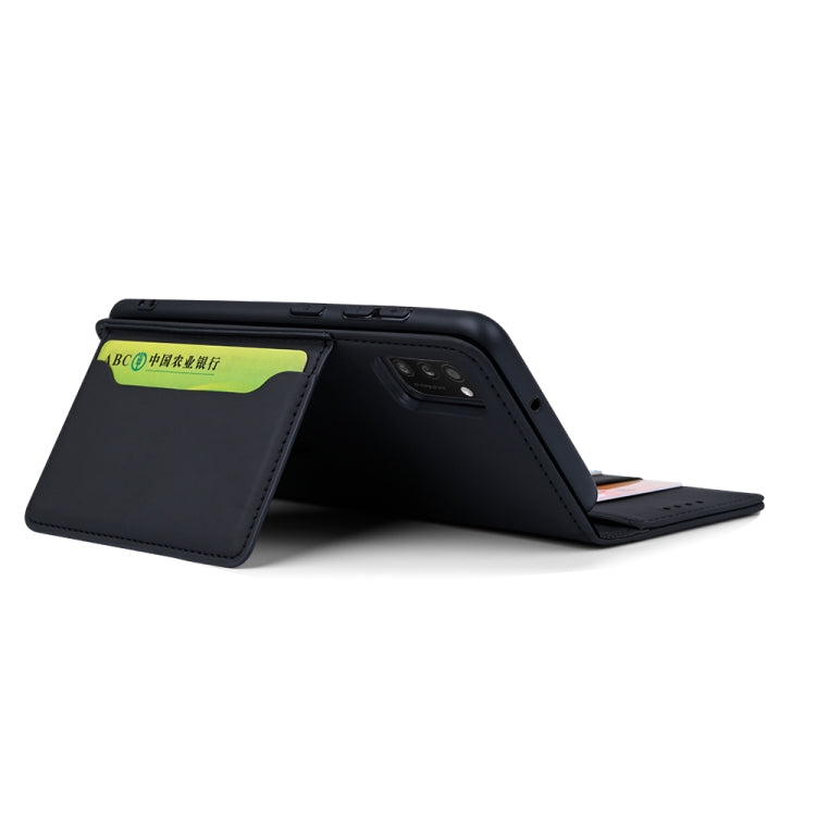 For Samsung Galaxy A41 Strong Magnetism Liquid Feel Horizontal Flip Leather Case with Holder & Card Slots & Wallet