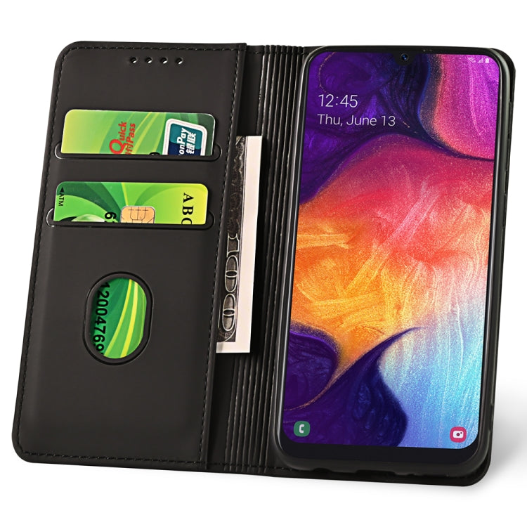 For Samsung Galaxy A50 Strong Magnetism Liquid Feel Horizontal Flip Leather Case with Holder & Card Slots & Wallet