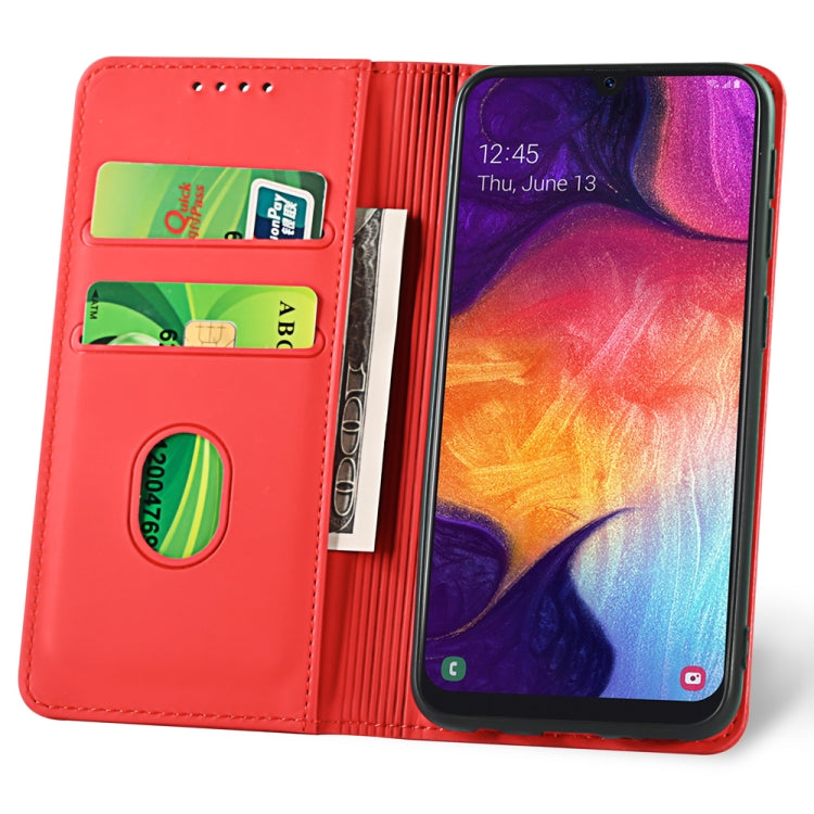 For Samsung Galaxy A50 Strong Magnetism Liquid Feel Horizontal Flip Leather Case with Holder & Card Slots & Wallet
