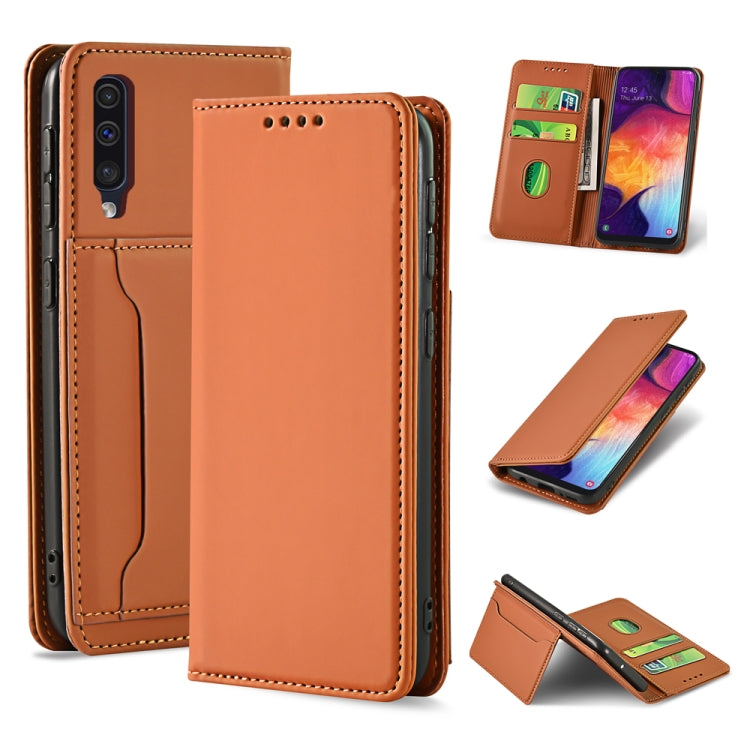For Samsung Galaxy A50 Strong Magnetism Liquid Feel Horizontal Flip Leather Case with Holder & Card Slots & Wallet