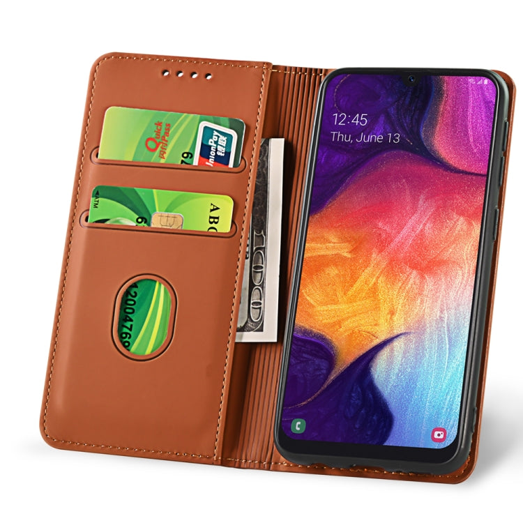 For Samsung Galaxy A50 Strong Magnetism Liquid Feel Horizontal Flip Leather Case with Holder & Card Slots & Wallet