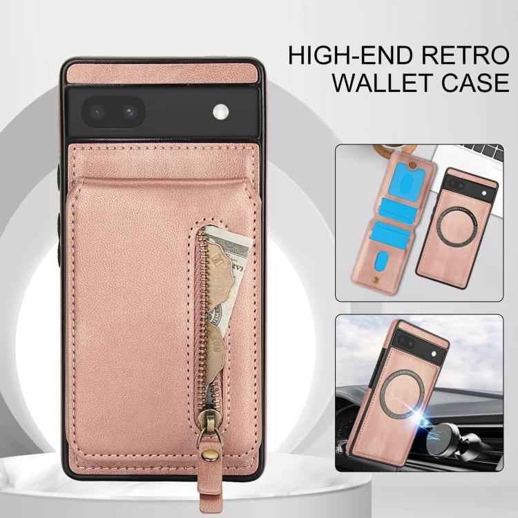 For Google Pixel 6a Zipper Wallet Split MagSafe Leather Back Phone Case