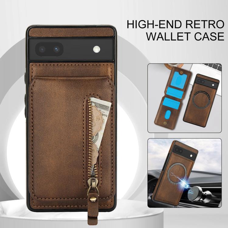 For Google Pixel 6a Zipper Wallet Split MagSafe Leather Back Phone Case