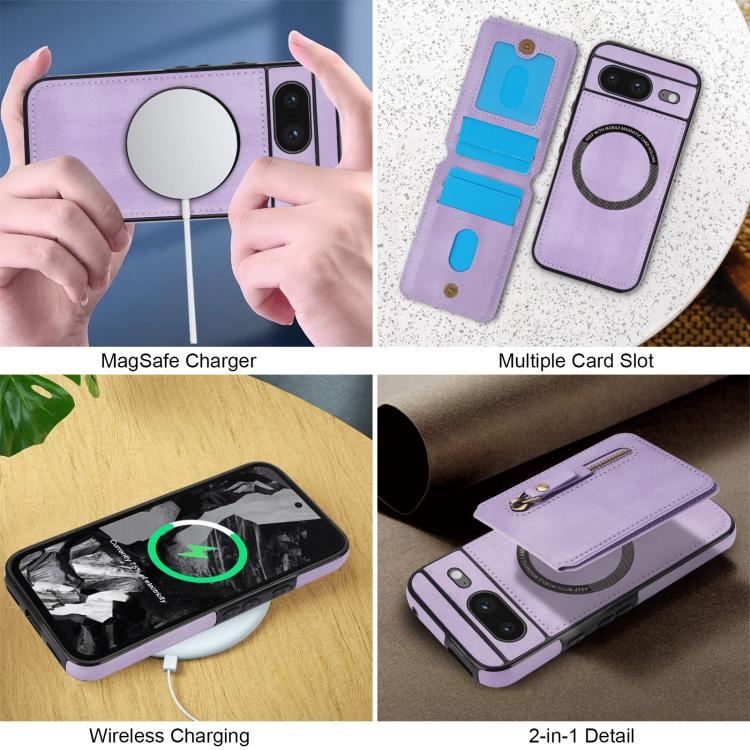 For Google Pixel 8 Zipper Wallet Split MagSafe Leather Back Phone Case