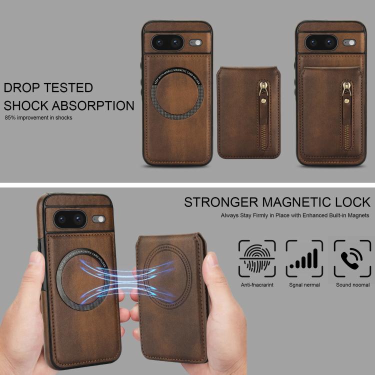 For Google Pixel 8 Zipper Wallet Split MagSafe Leather Back Phone Case