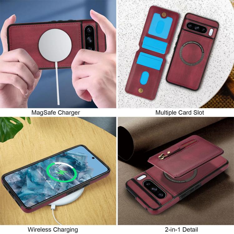 For Google Pixel 8 Pro Zipper Wallet Split MagSafe Leather Back Phone Case