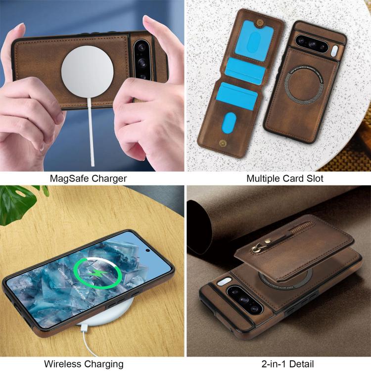 For Google Pixel 8 Pro Zipper Wallet Split MagSafe Leather Back Phone Case