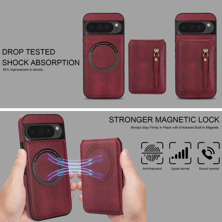 For Google Pixel 9 Pro XL Zipper Wallet Split MagSafe Leather Back Phone Case