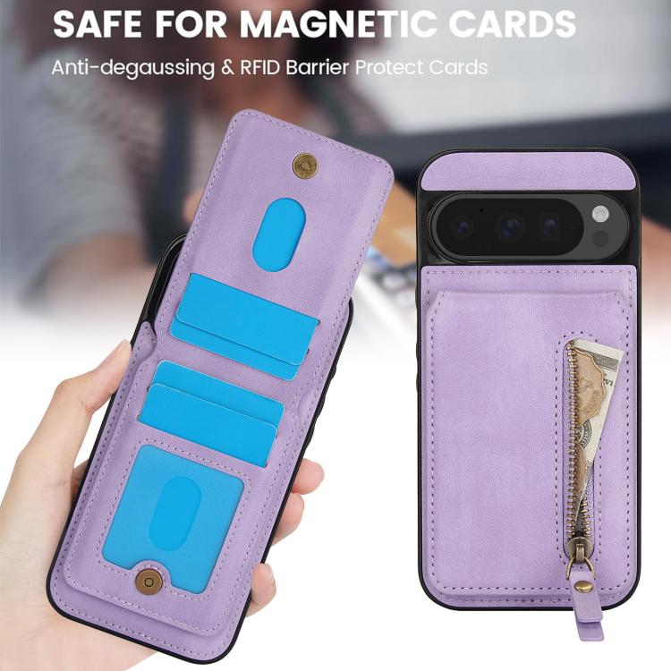 For Google Pixel 9 Pro XL Zipper Wallet Split MagSafe Leather Back Phone Case