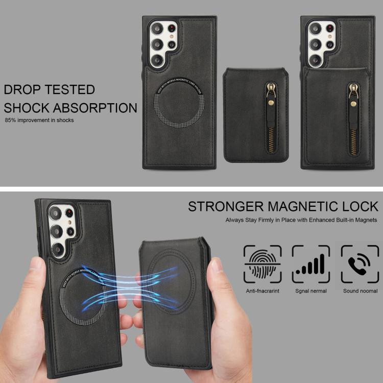 For Samsung Galaxy S22 Ultra 5G Zipper Wallet Split MagSafe Leather Back Phone Case
