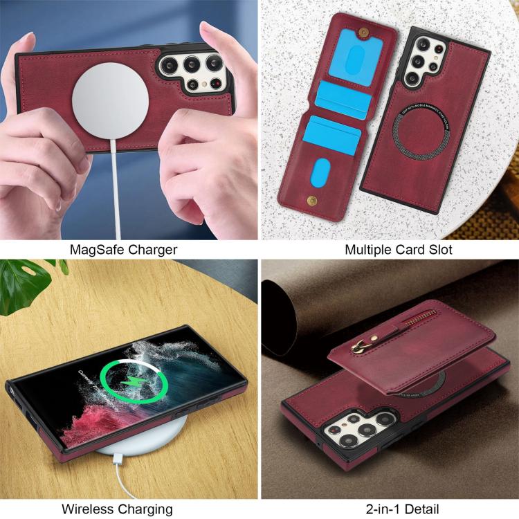 For Samsung Galaxy S22 Ultra 5G Zipper Wallet Split MagSafe Leather Back Phone Case