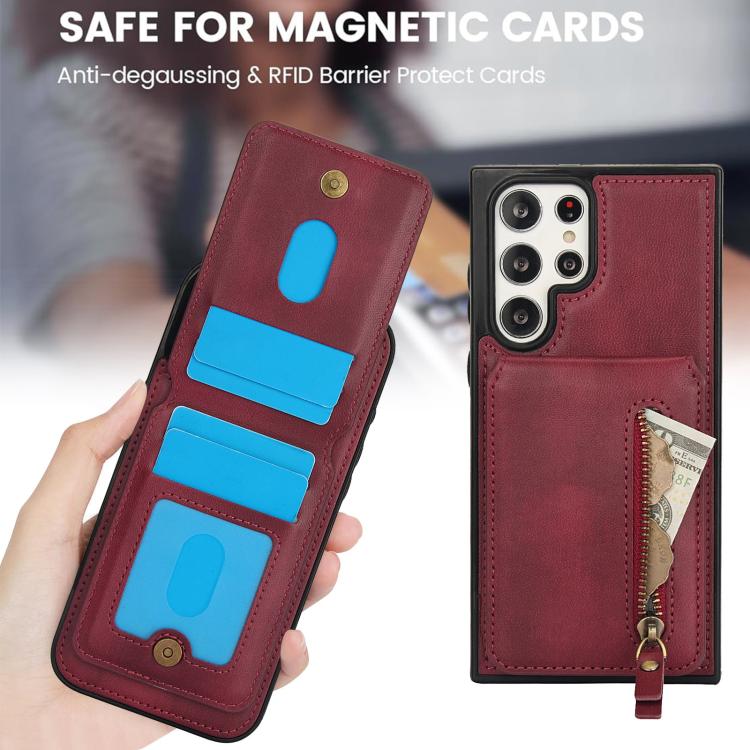 For Samsung Galaxy S22 Ultra 5G Zipper Wallet Split MagSafe Leather Back Phone Case