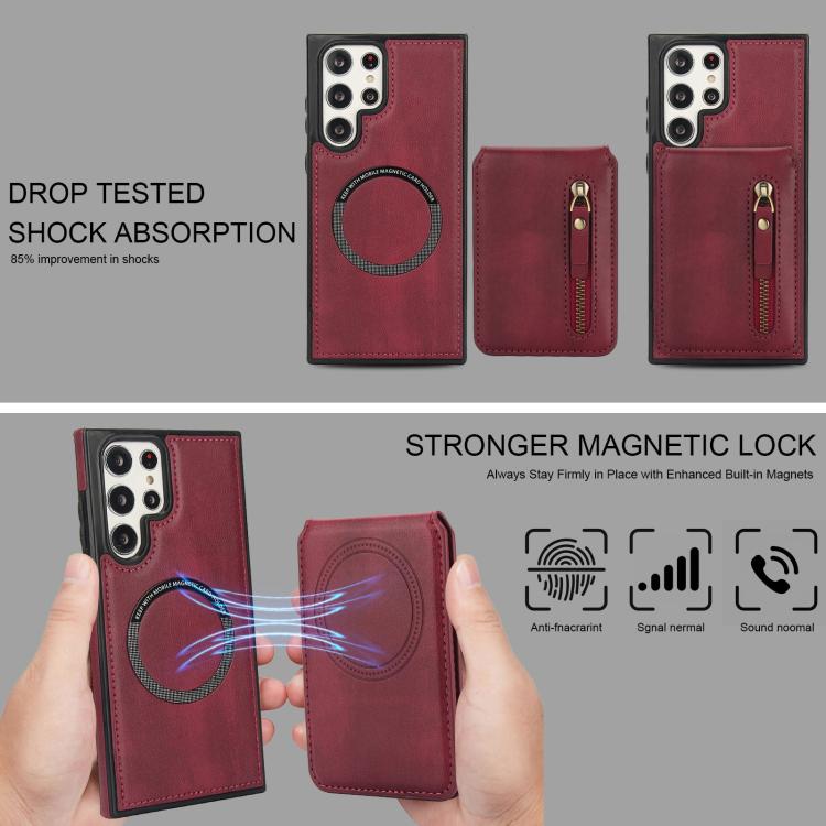 For Samsung Galaxy S22 Ultra 5G Zipper Wallet Split MagSafe Leather Back Phone Case