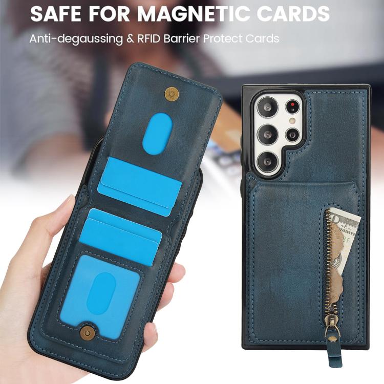 For Samsung Galaxy S22 Ultra 5G Zipper Wallet Split MagSafe Leather Back Phone Case