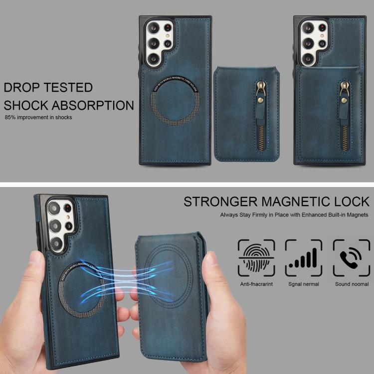 For Samsung Galaxy S22 Ultra 5G Zipper Wallet Split MagSafe Leather Back Phone Case