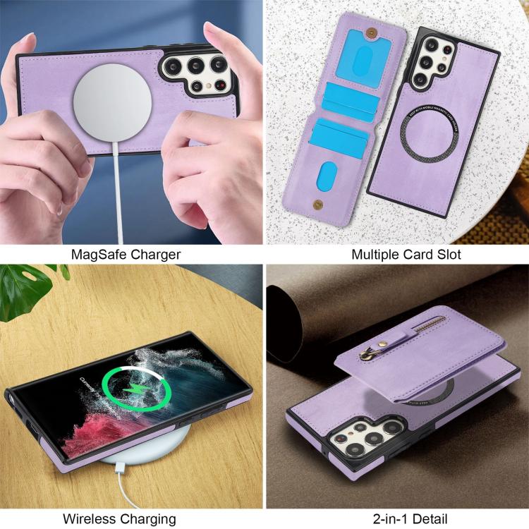 For Samsung Galaxy S22 Ultra 5G Zipper Wallet Split MagSafe Leather Back Phone Case
