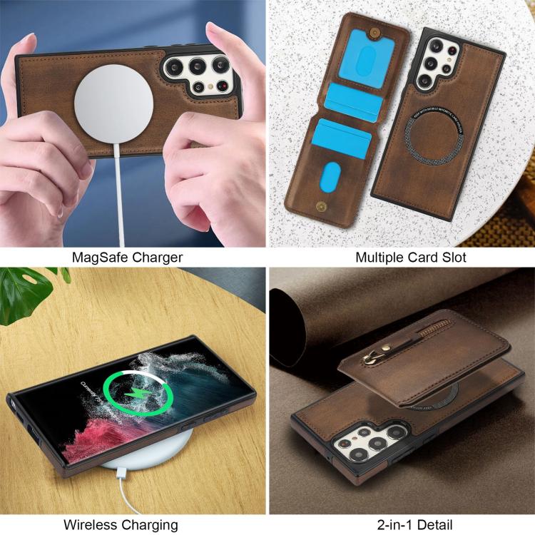 For Samsung Galaxy S22 Ultra 5G Zipper Wallet Split MagSafe Leather Back Phone Case