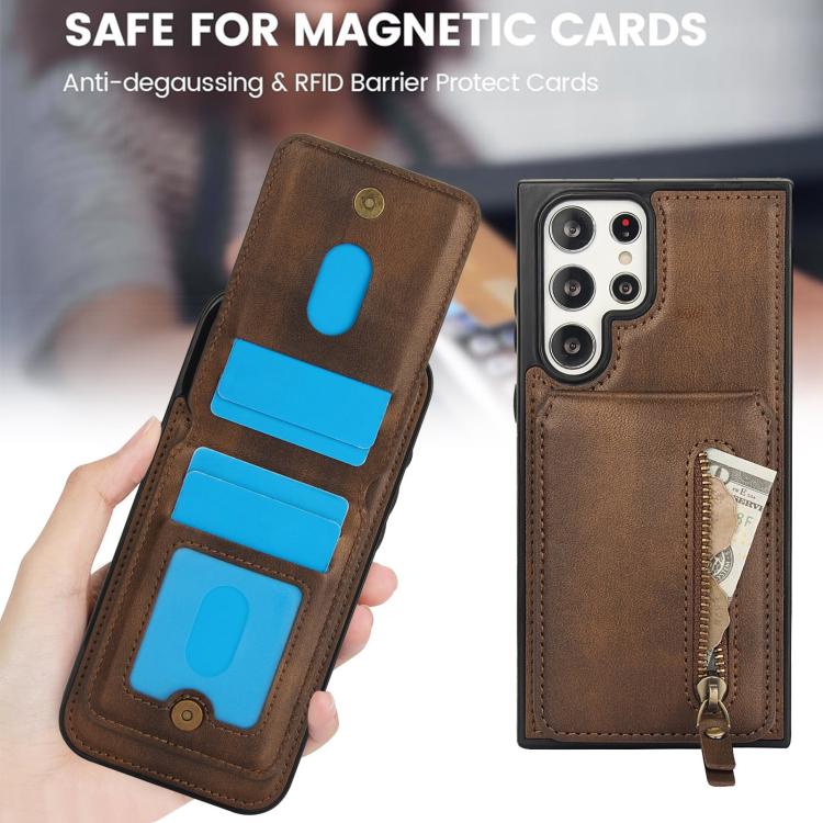 For Samsung Galaxy S22 Ultra 5G Zipper Wallet Split MagSafe Leather Back Phone Case